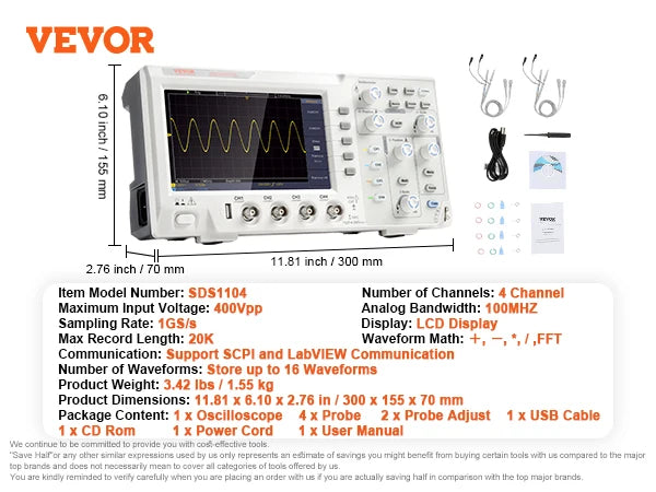 Osciloscopio digital de escritorio VEVOR de 2/4 canales, 1GS/S, 100 MHz, 30 funciones de medición automática para pruebas de circuitos electrónicos