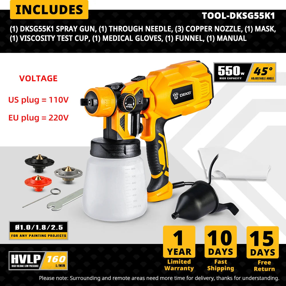 EU/US Plug DEKO DKSG55K1 Spray Gun, 220V/110V 550W High Power Home Electric Paint Sprayer, 3 Nozzle Easy Spraying for Home DIY