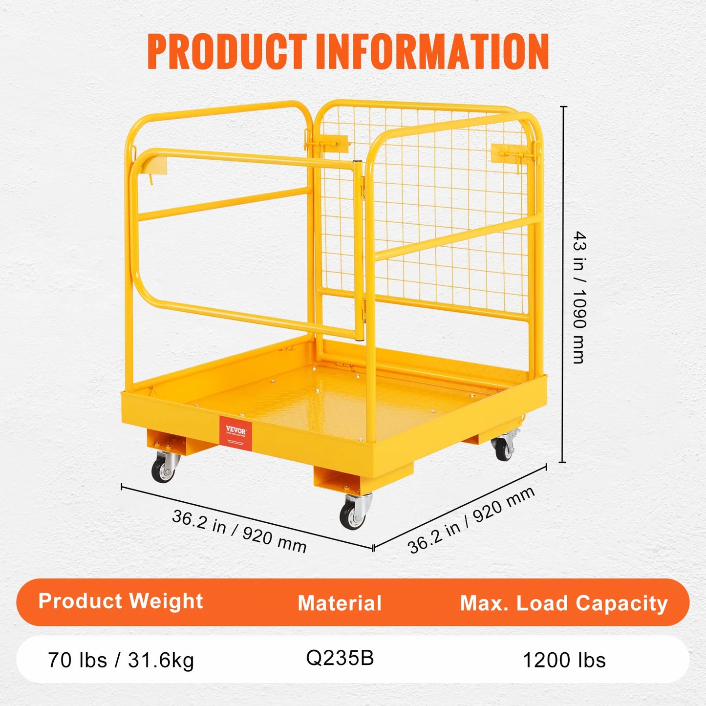 Plataforma de seguridad plegable VEVOR con jaula de seguridad para montacargas de 1200 lb con ruedas giratorias bloqueables para 1 o 2 adultos para trabajos aéreos