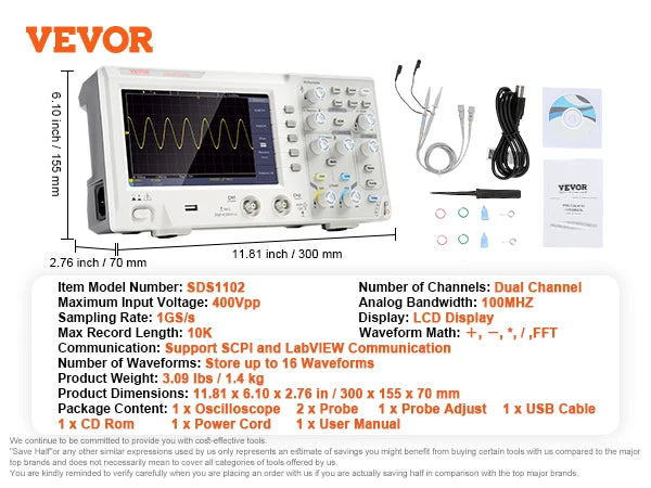 Osciloscopio digital de escritorio VEVOR de 2/4 canales, 1GS/S, 100 MHz, 30 funciones de medición automática para pruebas de circuitos electrónicos