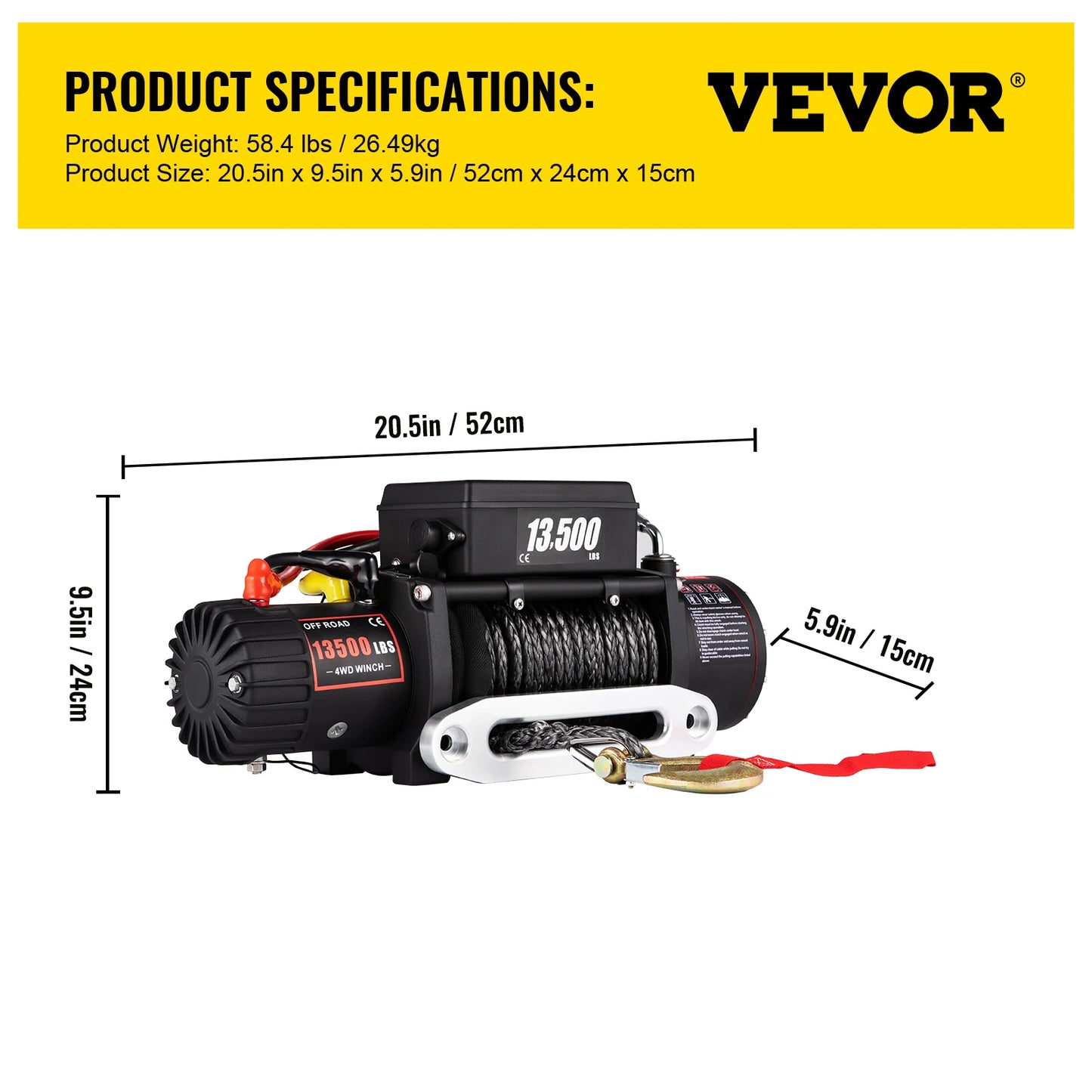 VEVOR 13500 LBS 12V Electric Winch Synthetic Tow Rope Winch 24M/92FT Lifting Hoist for 4X4 Car Trailer ATV Truck Off Road Boat