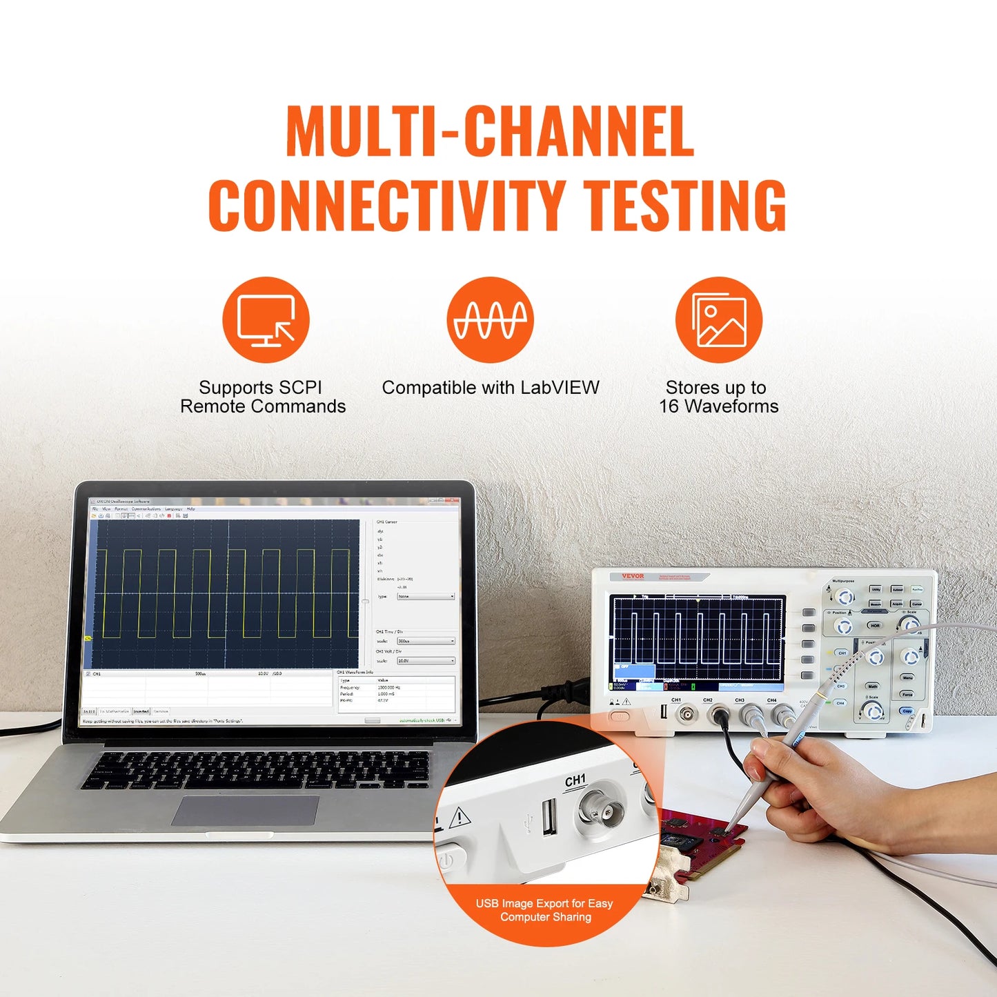 Osciloscopio digital de escritorio VEVOR de 2/4 canales, 1GS/S, 100 MHz, 30 funciones de medición automática para pruebas de circuitos electrónicos