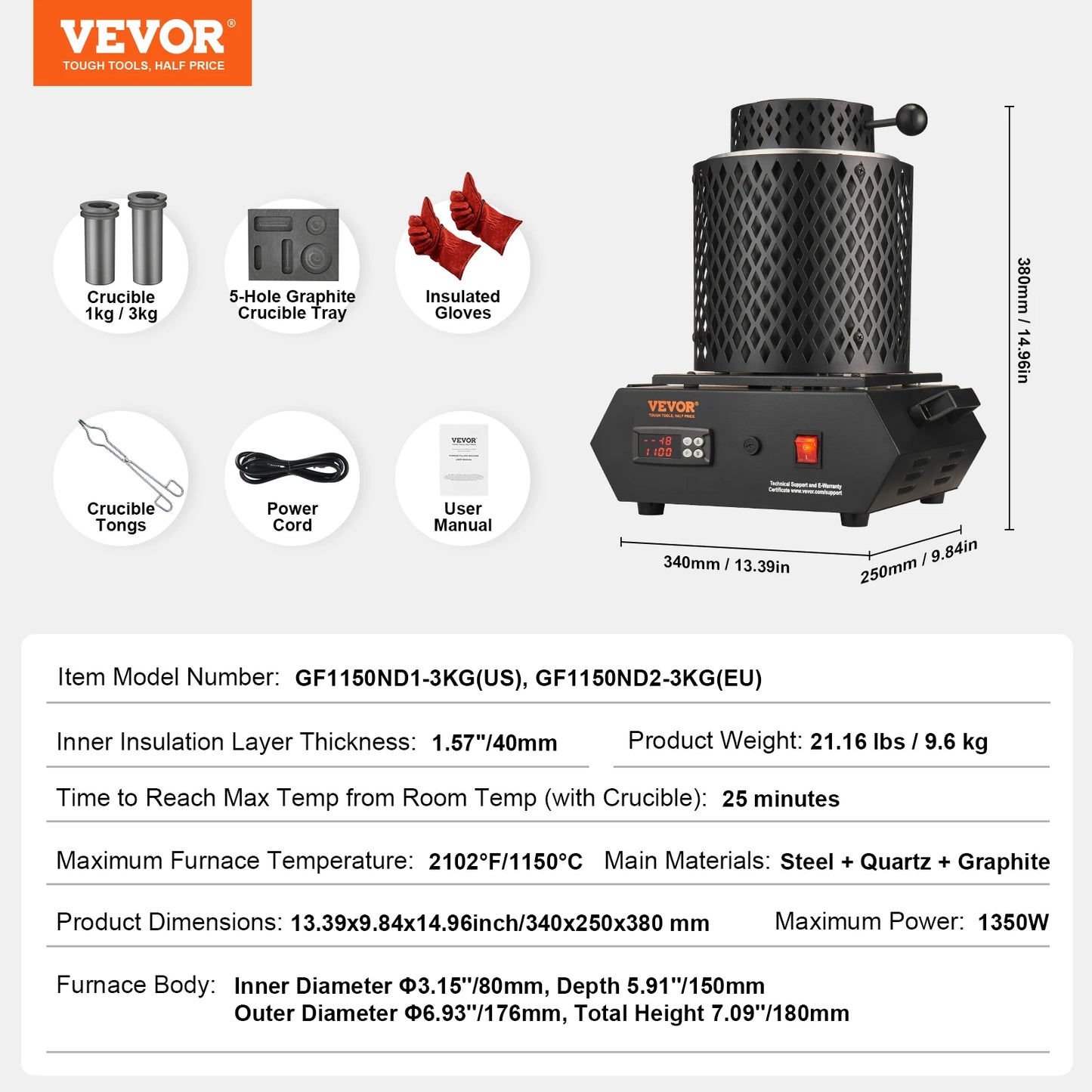 VEVOR 1350W Gold Melting Furnace 2102℉/1150℃ Electric Furnace with Graphite Crucibles for Melting Gold Silver Aluminum Copper