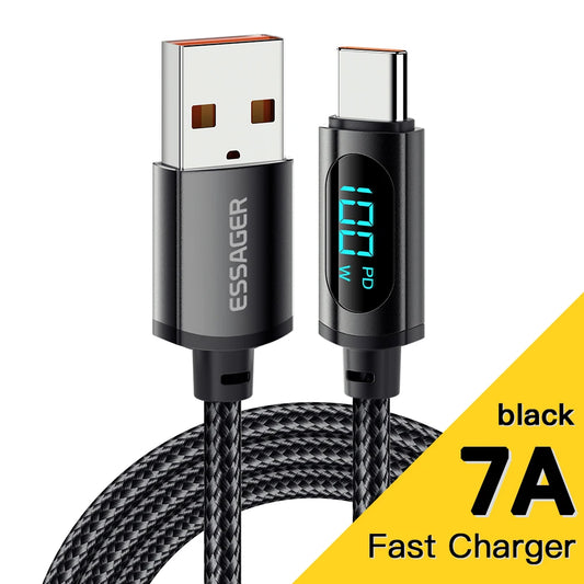 Cable USB tipo C a USB C 7A de Essager PD de 100 W, cable de carga rápida para OPPO, Realme, Huawei Poco, Samsung y otros dispositivos con pantalla.