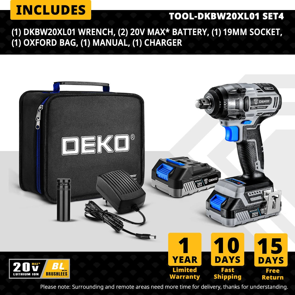 【World Premiere】DEKO 20V MAX Cordless Brushless Wrench 350N.m High Torque Electric Impact Wrench Power Tools (DKBW20XL01)