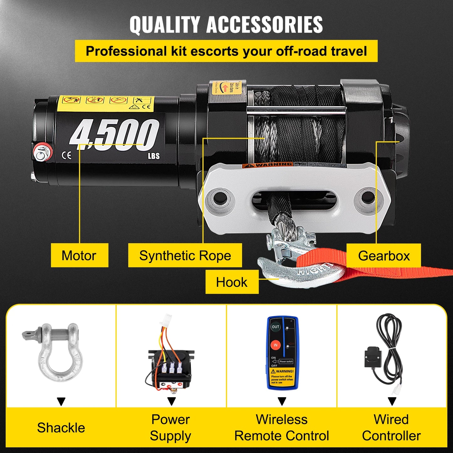 Cabrestante eléctrico VEVOR de 12 V y 4500 lb para remolque de coche sintético 4x4 de 12,9 m, correa de remolque con control inalámbrico para ATV, camión todoterreno