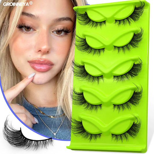 GROINNEYA 5 pairs Cat Eye Eyelashes Natural False Lashes Fluffy Soft Cross Faux Mink lashes Natural Winged End Eye Elongated