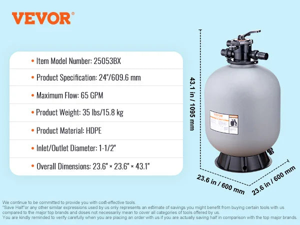 VEVOR 16/19/22/24 Inch Sand Filter with 7-Way Multi-Port Valve&High GPM Flow Rate Above Inground Swimming Pool Sand System,Gray