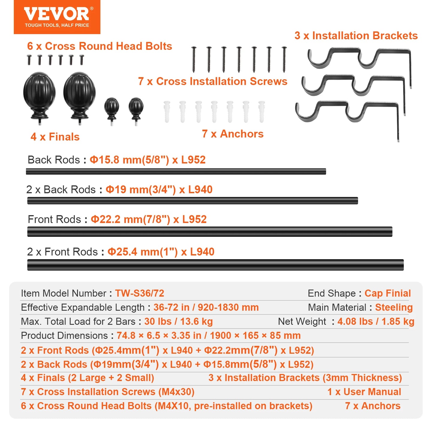 VEVOR 1 Inch Double Curtain Rods 36-72/74-144 Inches Drapery Rods for Windows 24-68/69-140 Inches Telescoping Dual Curtain Rod