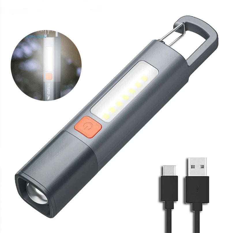 Strong Lighting ABS Flashlamp USB Charging Portable Outdoor Small Flashlight Camping Hanging Lamp Telescopic Focus COB Side Lamp