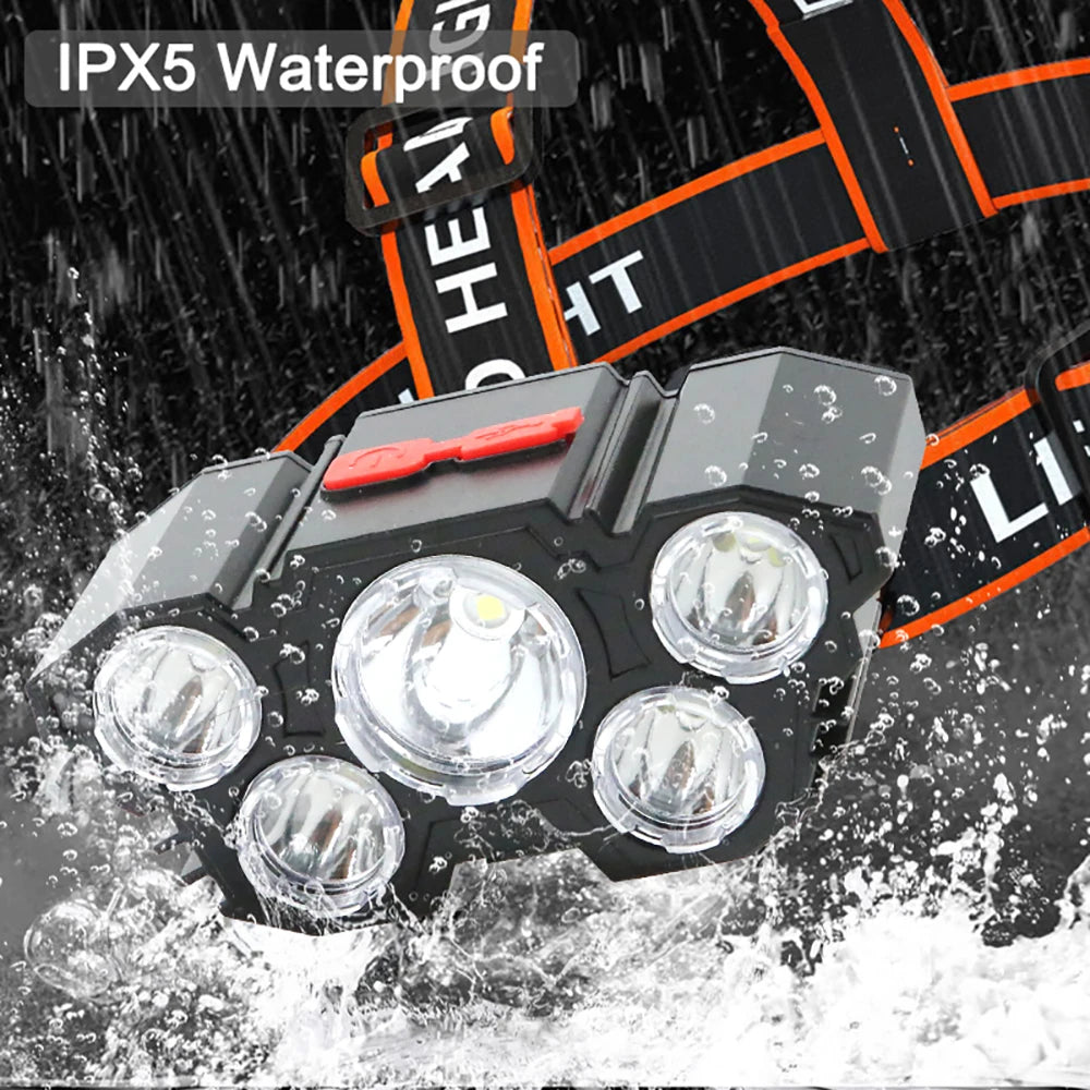 Linterna frontal de 5 LED recargable con batería incorporada, luz potente, para acampar, aventuras, pesca, linterna frontal
