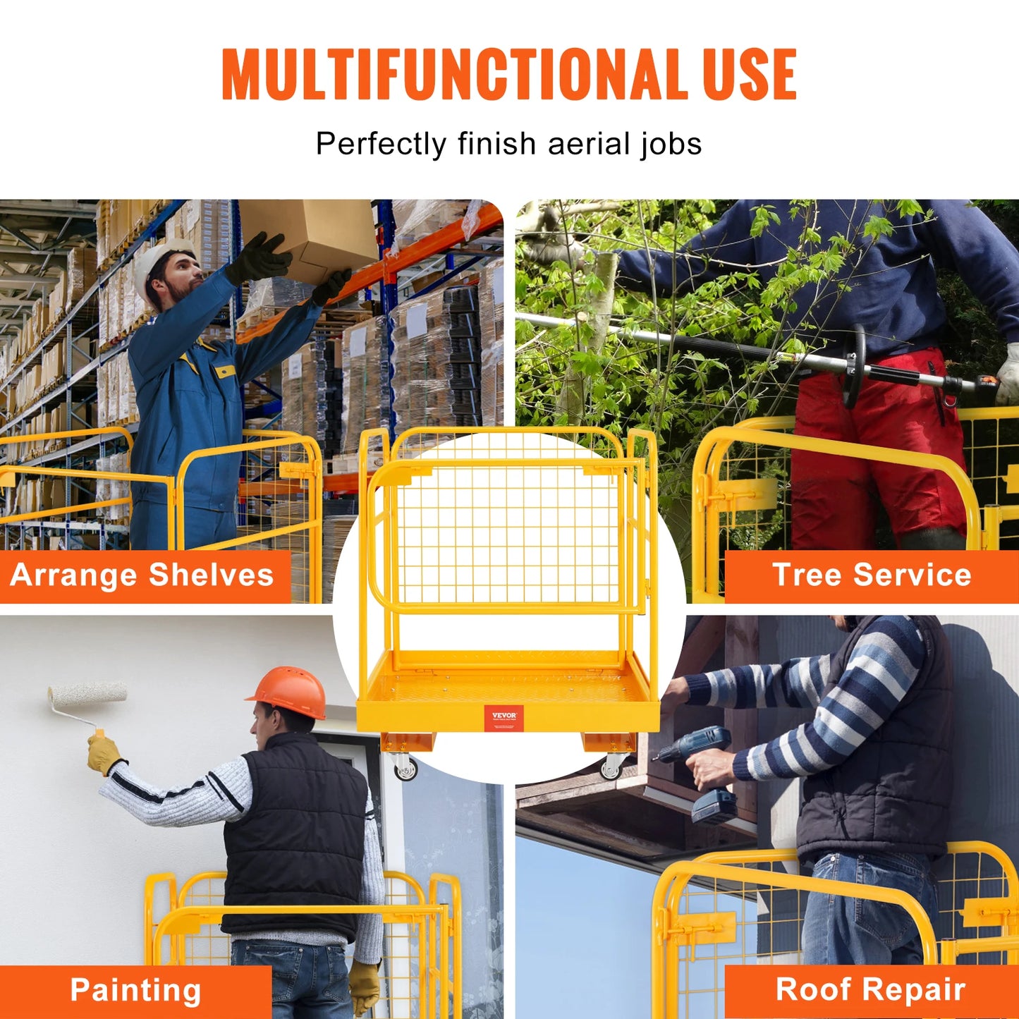 Plataforma de seguridad plegable VEVOR con jaula de seguridad para montacargas de 1200 lb con ruedas giratorias bloqueables para 1 o 2 adultos para trabajos aéreos