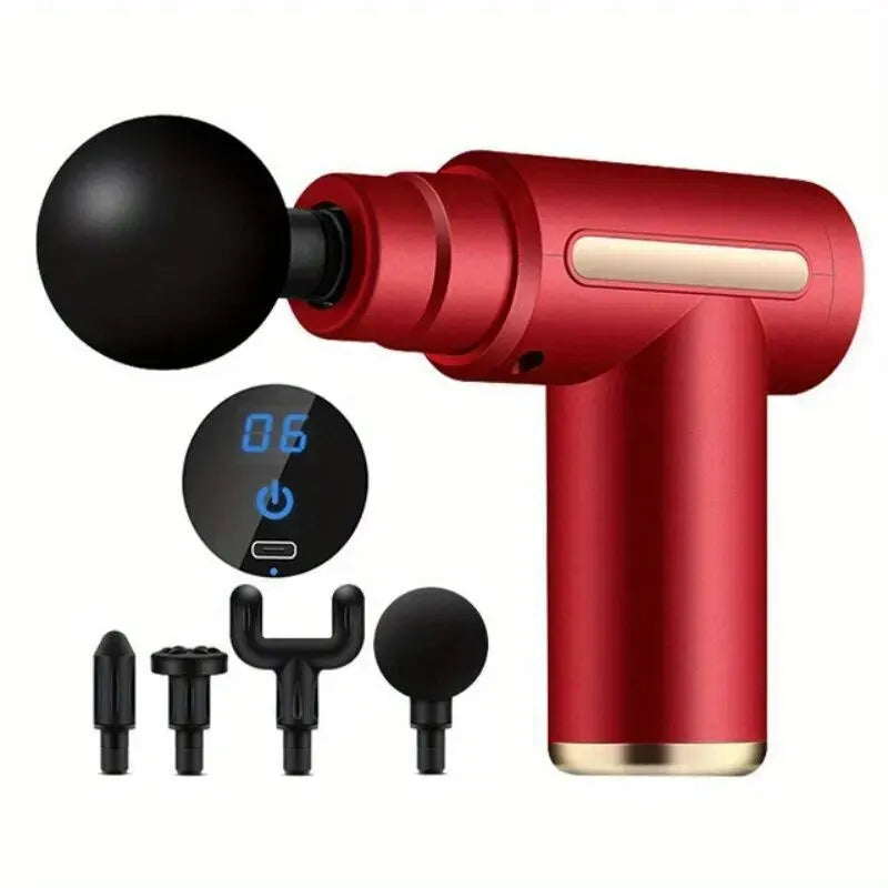 Pistola de masaje facial portátil, masajeador de percusión eléctrico, relajación corporal con pantalla táctil LED y 4 cabezales reemplazables.