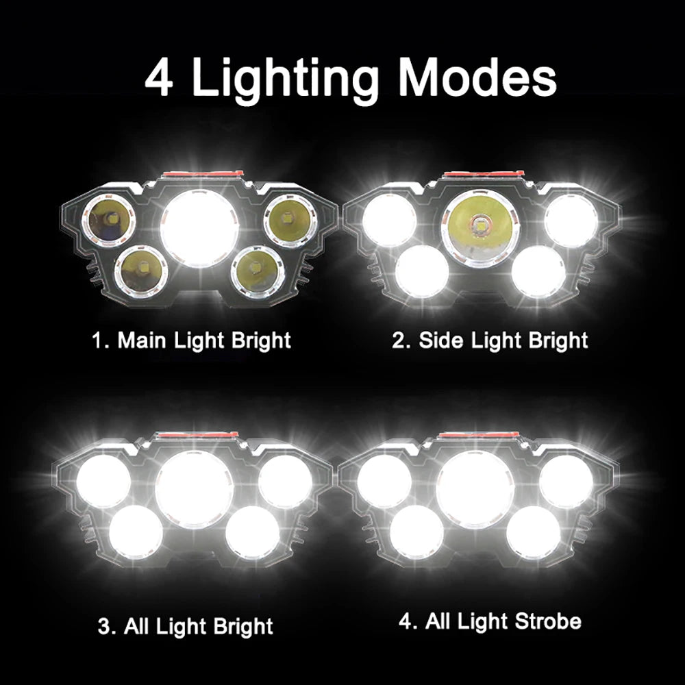 Linterna frontal de 5 LED recargable con batería incorporada, luz potente, para acampar, aventuras, pesca, linterna frontal