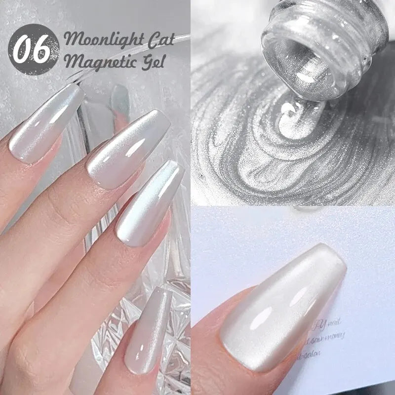 BORN PRETTY 2 esmaltes de gel magnéticos Moonlight Cat de 10 ml con barra magnética, efecto nieve, rosa y plateado, efecto brillo reflectante.