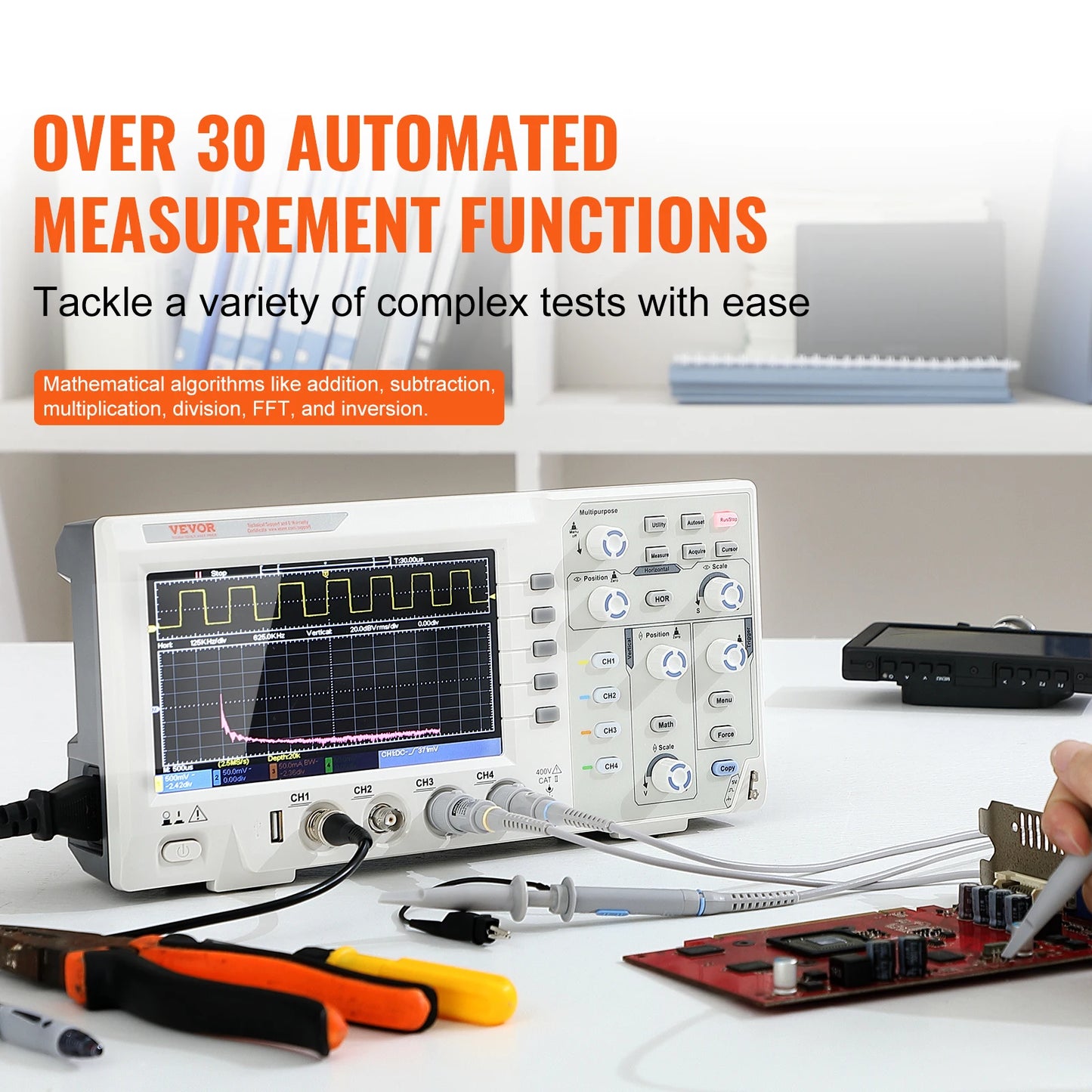 Osciloscopio digital de escritorio VEVOR de 2/4 canales, 1GS/S, 100 MHz, 30 funciones de medición automática para pruebas de circuitos electrónicos