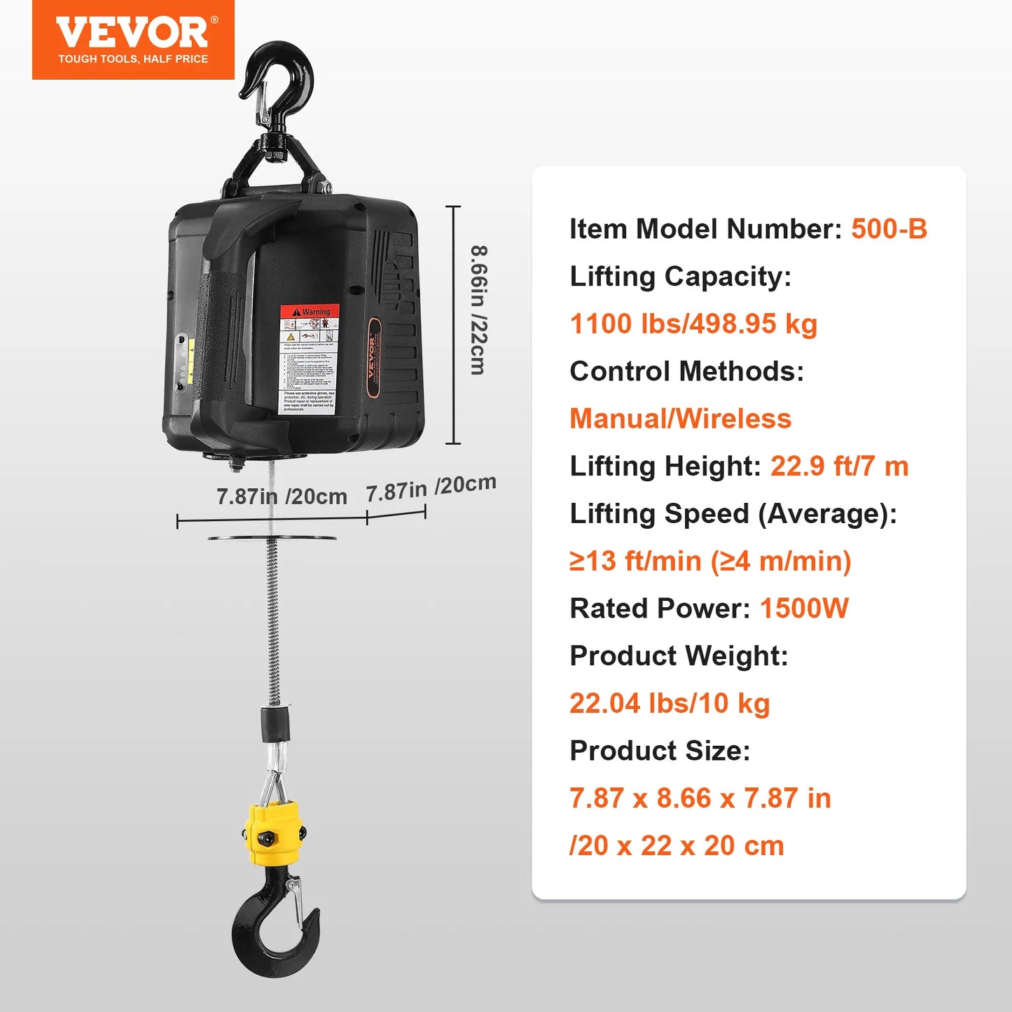 VEVOR 1100 lbs Electric Hoist Winch 1500W Portable Power Winch Crane with Wireless Remote Control for Warehouse Factory Lifting