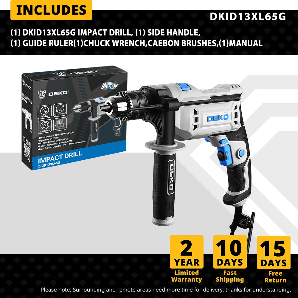 DEKO DKID13XL65G professional grade impact drilll 220V, 2 Functions Drill Screwdriver Electric Tool Power Tool (DKID Series)