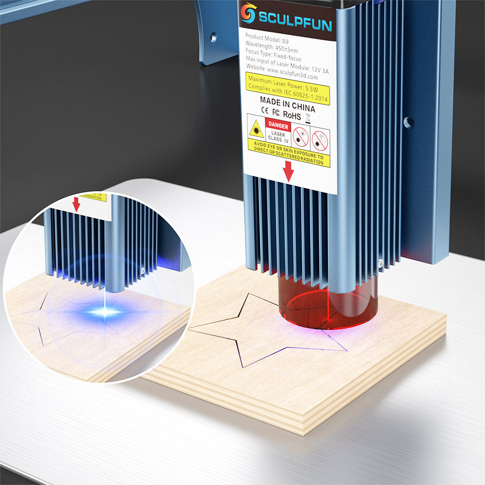 SCULPFUN S9 5.5W Laser Engraver, 0.06mm Ultra-Fine Compressed Spot, Diode Laser, 0.08mm High Precision, Cut 15mm Thick Wood 10mm Acrylic, Fixed Focus, Engraving Area 410*420mm