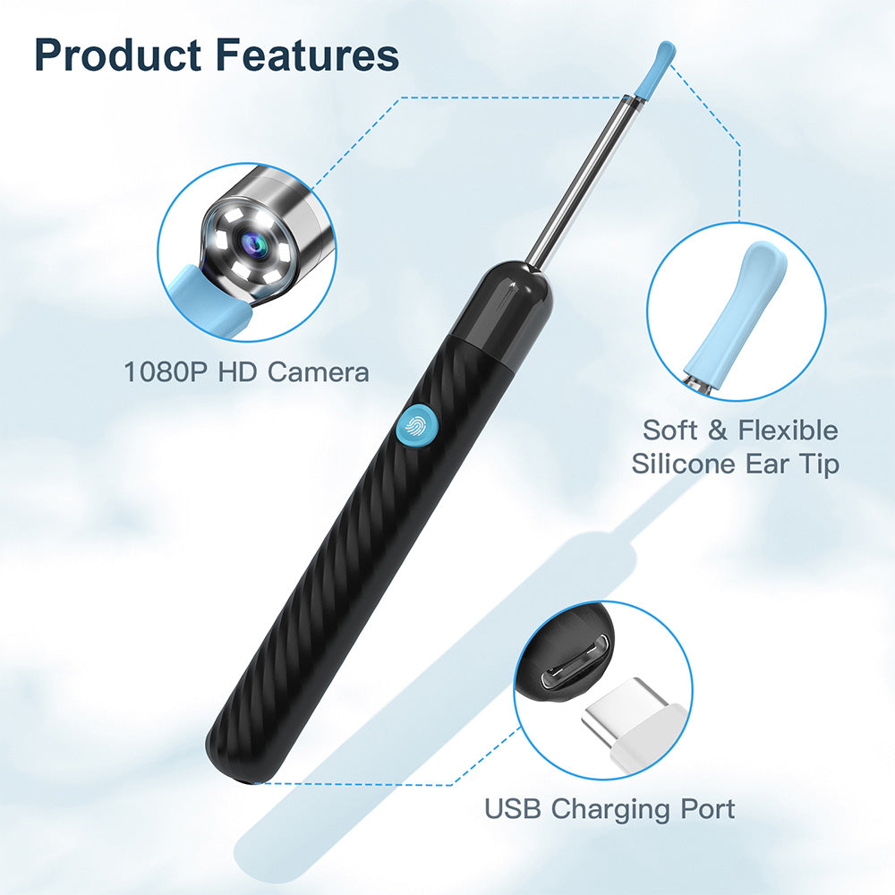 SUNUO X6 Smart Visual Ear Cleaner Earwax Removal, 500w Pixel Camera, Silicone Ear Tip, 6-Axis Gyroscope, IP67 Waterproof, WiFi Connection - Black