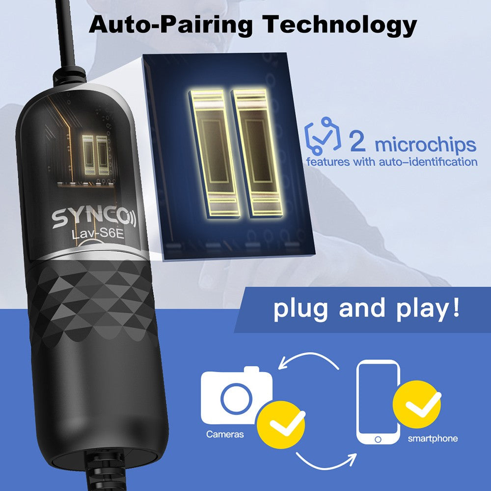 SYNCO S6E Omnidirectional Recording Lavalier Microphone, Auto-Pairing, Omnidirectional Pickup Pattern