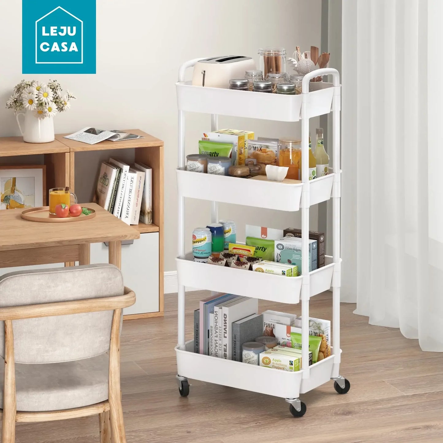 Carrito utilitario con ruedas de 3, 4 y 5 niveles, con ganchos, estante para libros con frenos, fácil de montar para cocina, oficina y baño.