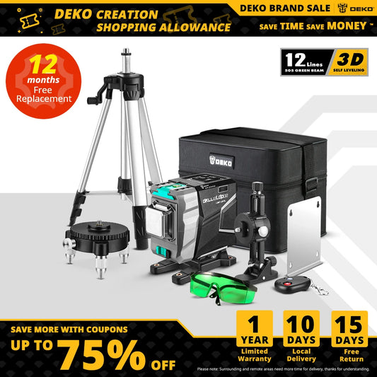 DEKO DKLL12tdP02 - Nivel láser verde 3D de 12 líneas, líneas cruzadas horizontales y verticales, alta precisión y autonivelación automática