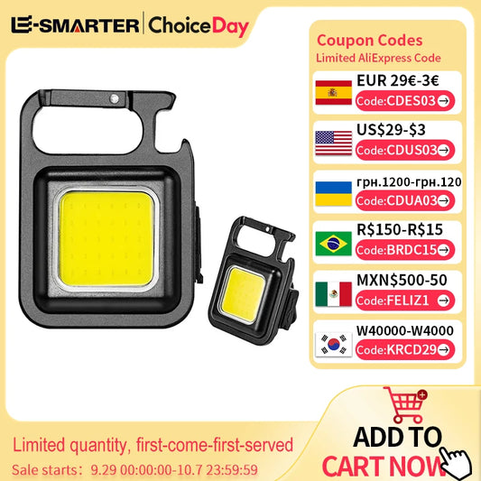 Mini linterna LED COB superbrillante EDC, llavero de luz de emergencia para exteriores, lámpara de bolsillo para acampar con imán trasero en forma de sacacorchos