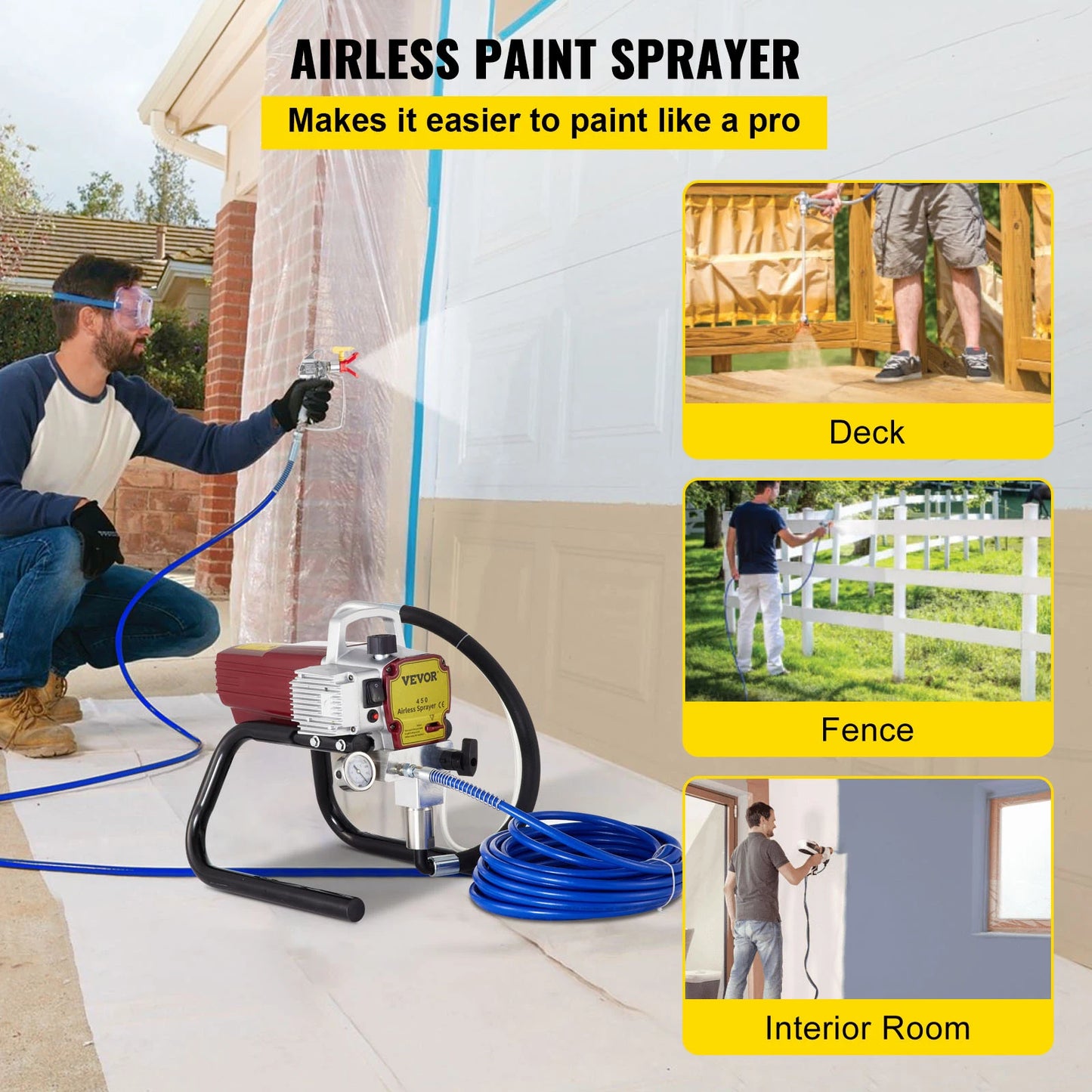 Pulverizador de pintura de pared sin aire de alta presión VEVOR, pistola profesional de 2,2 l/min para techos, suelos y paredes.