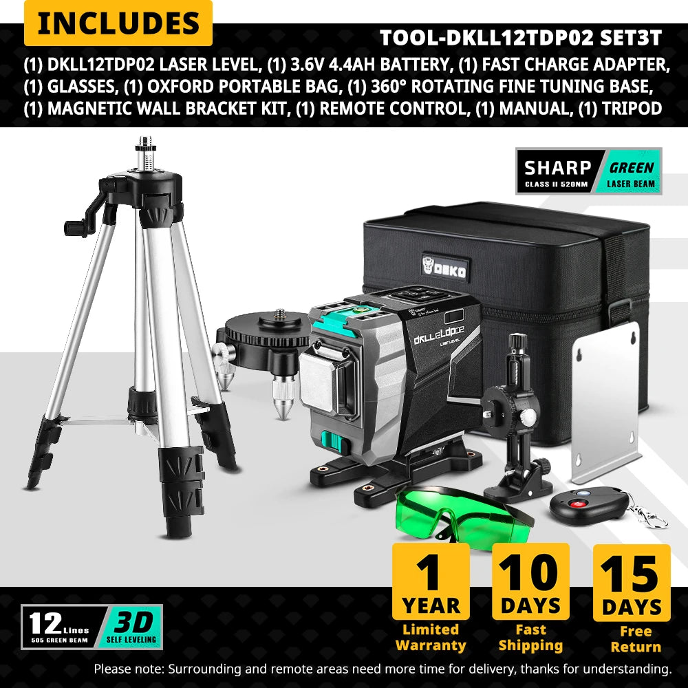 DEKO New DKLL12tdP02 Series 12 Lines 3D Green Laser Level Horizontal&Vertical Cross Lines High-Precision, Auto Self-Leveling