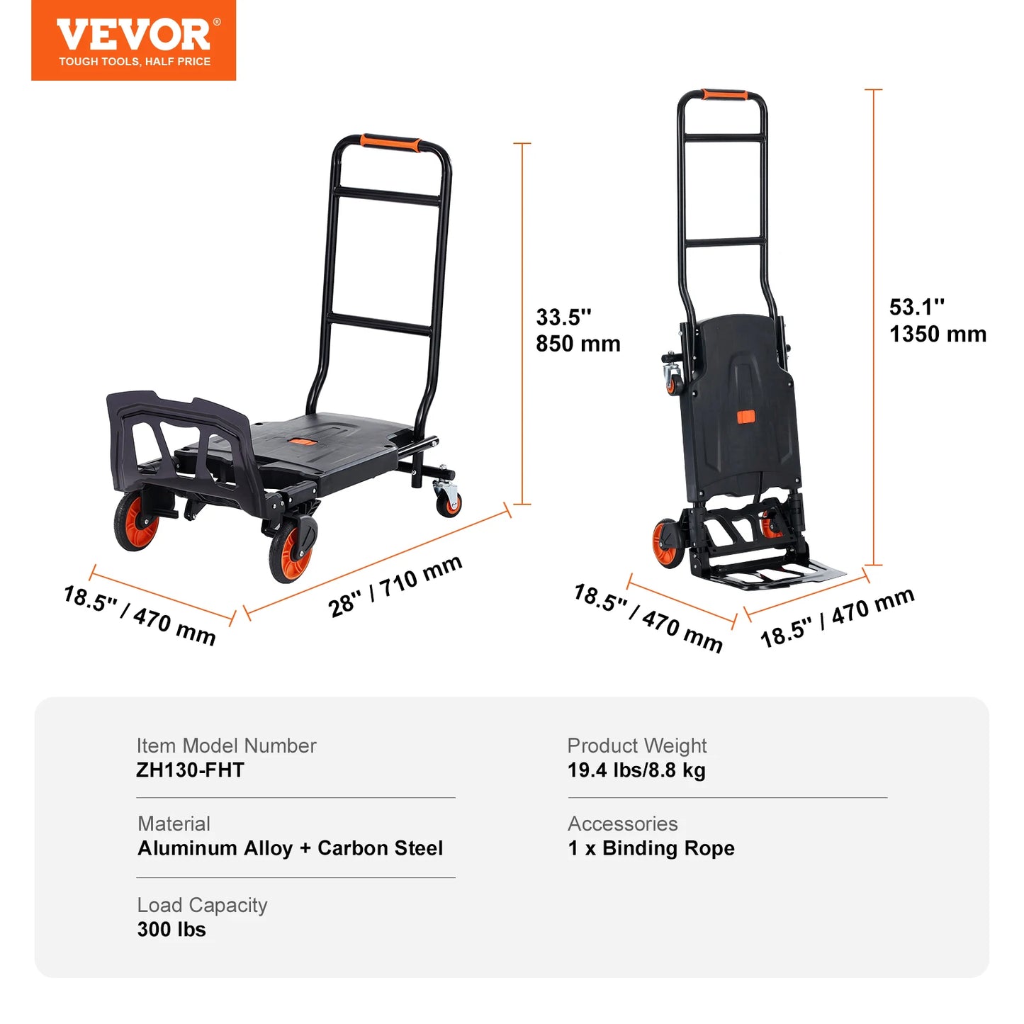 VEVOR 300 lbs Folding Hand Truck 2 in 1 Aluminum Lightweight Platform Cart Portable Telescopic Utility Dolly for Moving Shopping