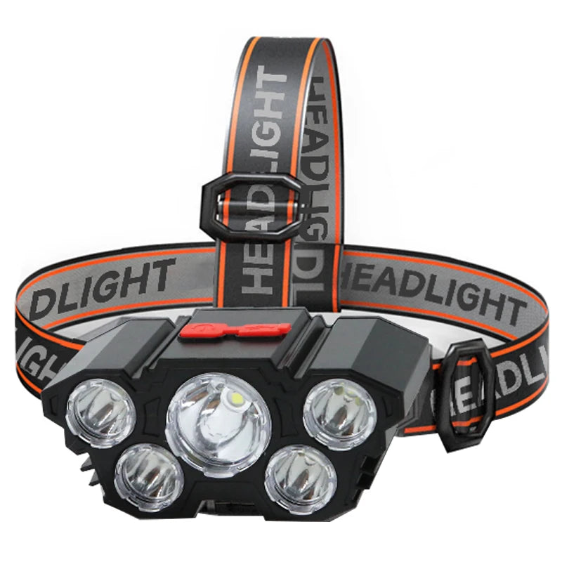 Linterna frontal de 5 LED recargable con batería incorporada, luz potente, para acampar, aventuras, pesca, linterna frontal