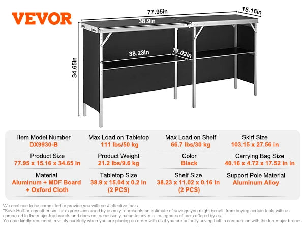 VEVOR Folding Portable Bar Table Tradeshow Podium Table for Party Picnic Exhibition Includes Carrying Case Storage Shelf & Skirt
