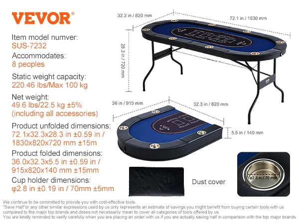 VEVOR 8 Player Foldable Poker Table Blackjack Texas Holdem with Padded Rails and Stainless Steel Cup Holders Blue