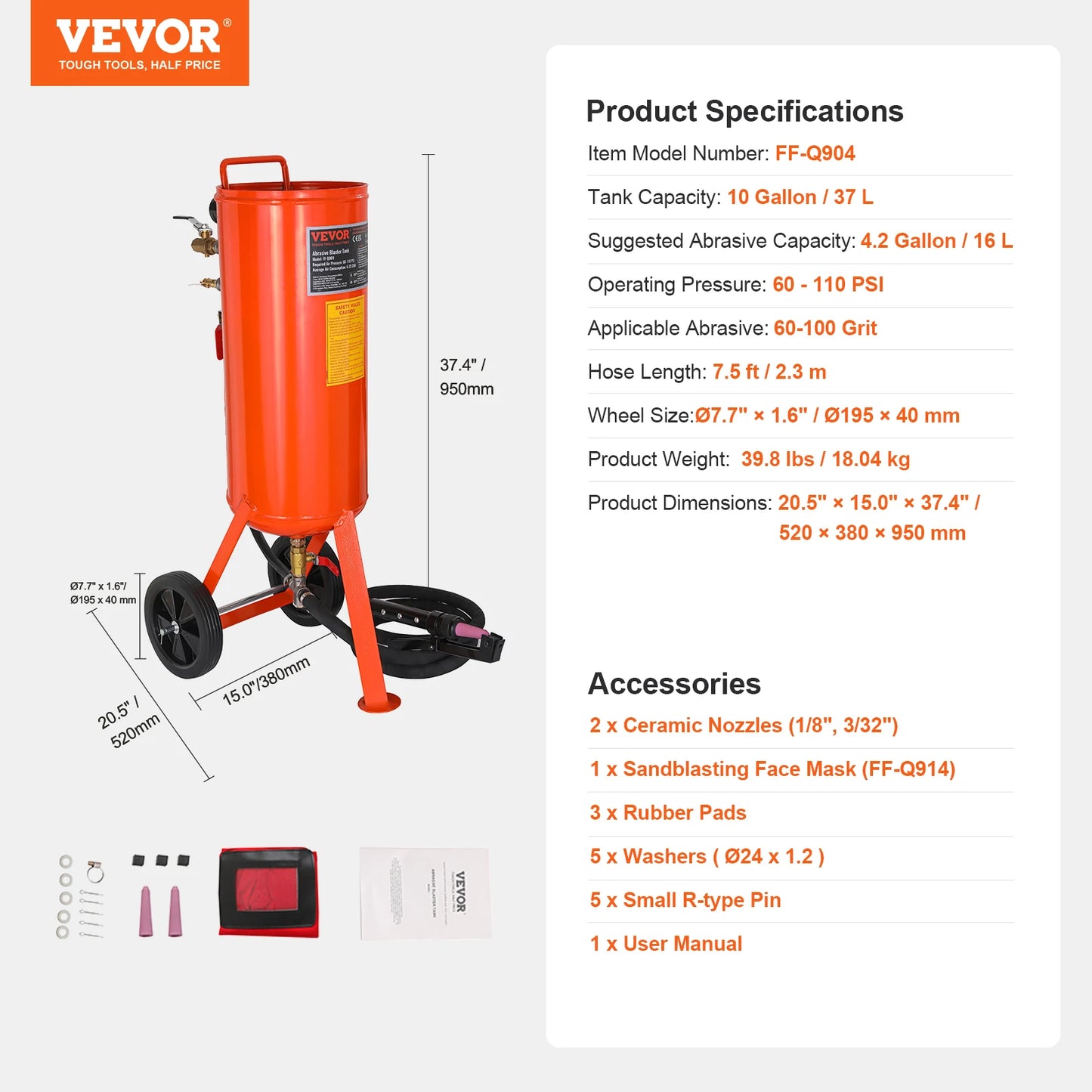 VEVOR 5/10/20 Gallon Sand Blaster 60-110 PSI Portable Air Sandblaster Kit with Oil-Water Separator for Paint Stain Rust Removal