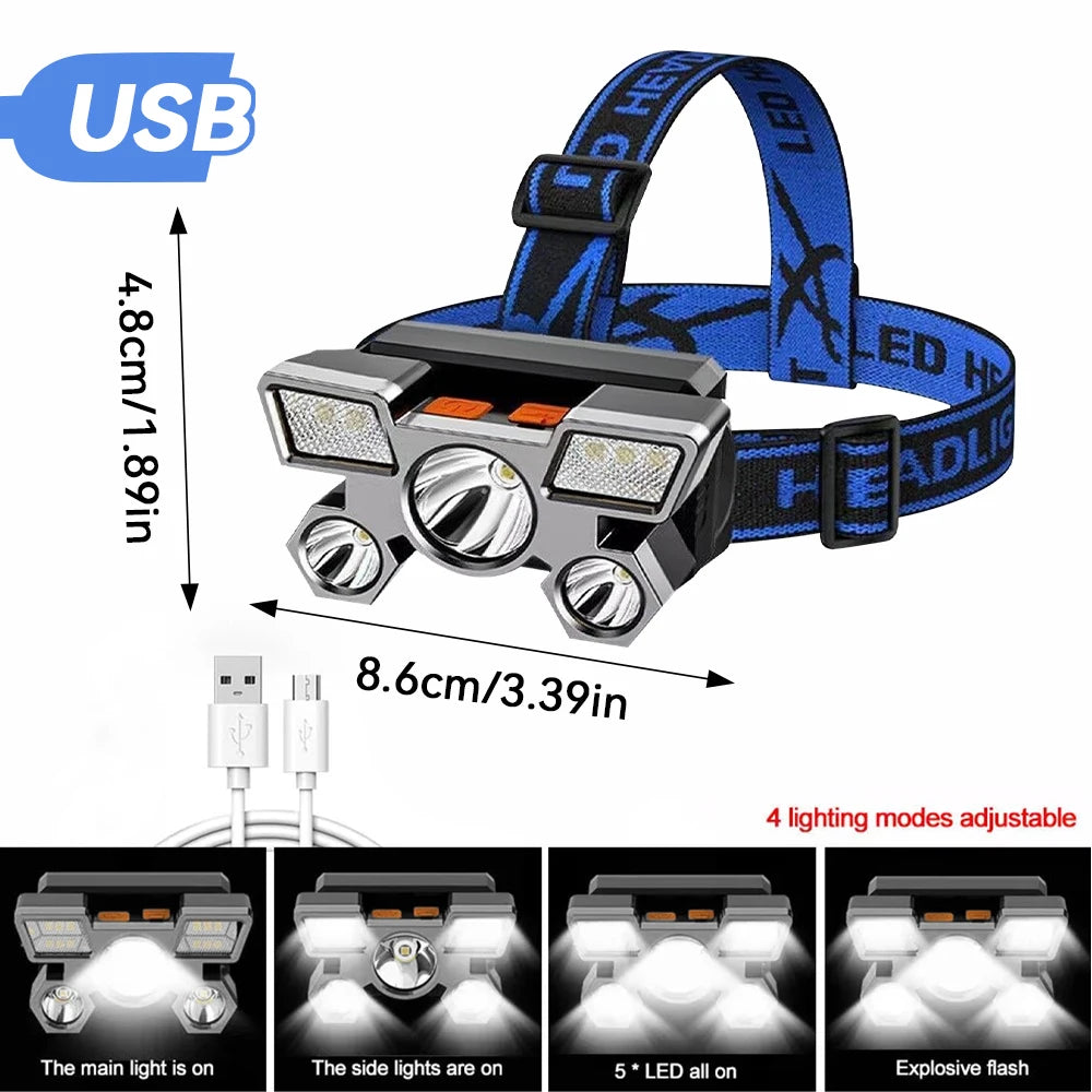 1pcs Rechargeable Headlamp, Portable 5LED Headlight Torch, Portable Working Light, Fishing Camping Head Light For Travel, Campin