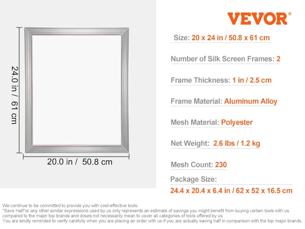 VEVOR 20x24inch Screen Printing Kit Aluminum Silk Screen Printing Frames Silk Screen Printing Frame with High Tension Nylon Mesh