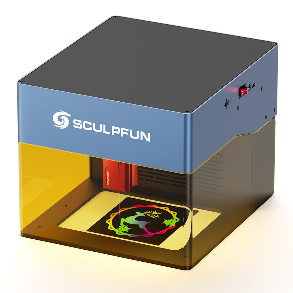 SCULPFUN iCube Pro Max 10W Laser Engraver, 0.08mm Laser Spot, 10000mm/min Engraving Speed, 32-bit Motherboard, Replaceable Lens, Smoke Filter, Temperature Alarm, App Connection, 120x120mm