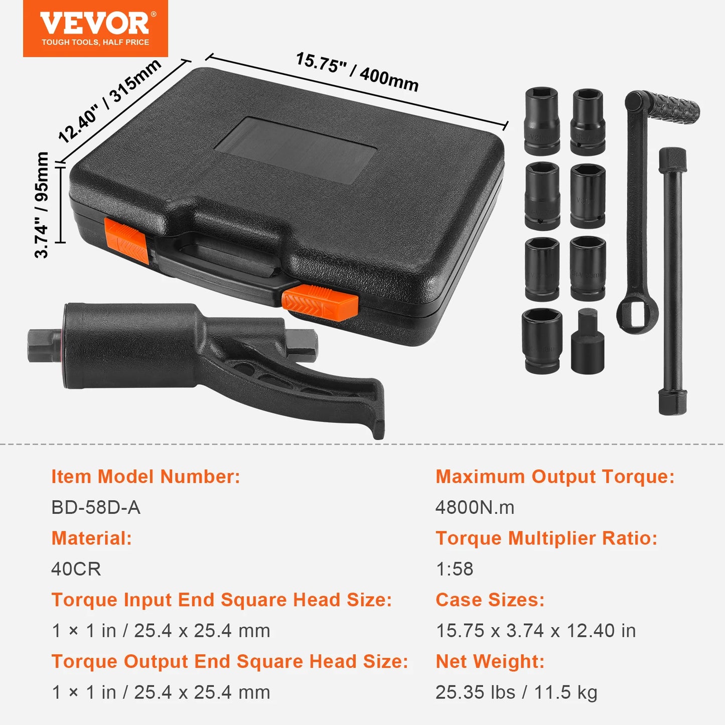 VEVOR 1/58 1/64 Torque Wrench Set 4/8 Socets Multiplier Drive Lug Nut Wrench/Multiplier Heavy Duty Torque Multiplier with Case