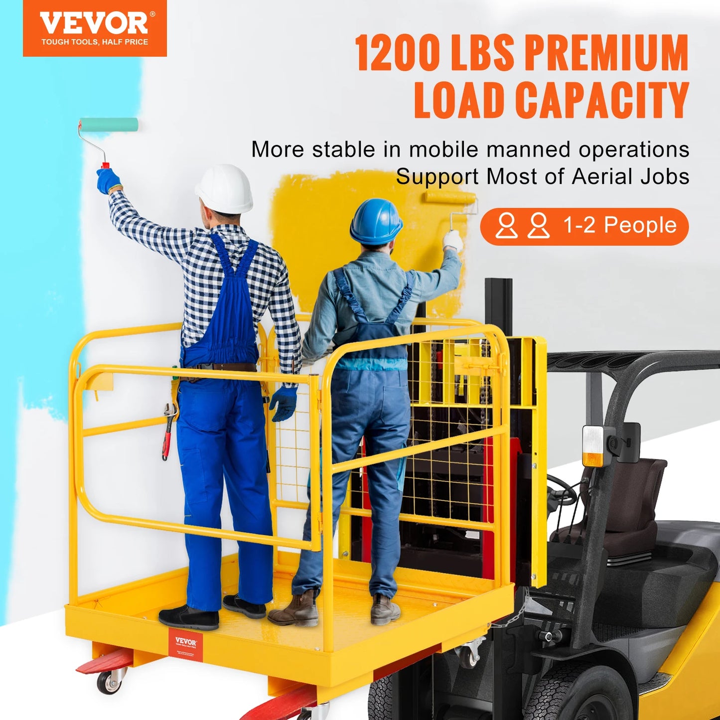 Plataforma de seguridad plegable VEVOR con jaula de seguridad para montacargas de 1200 lb con ruedas giratorias bloqueables para 1 o 2 adultos para trabajos aéreos