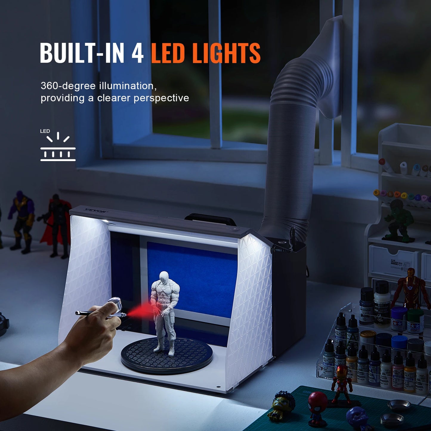Cabina de pintura con aerógrafo VEVOR, kit portátil para aficionados con 4 luces LED y potentes extractores dobles.