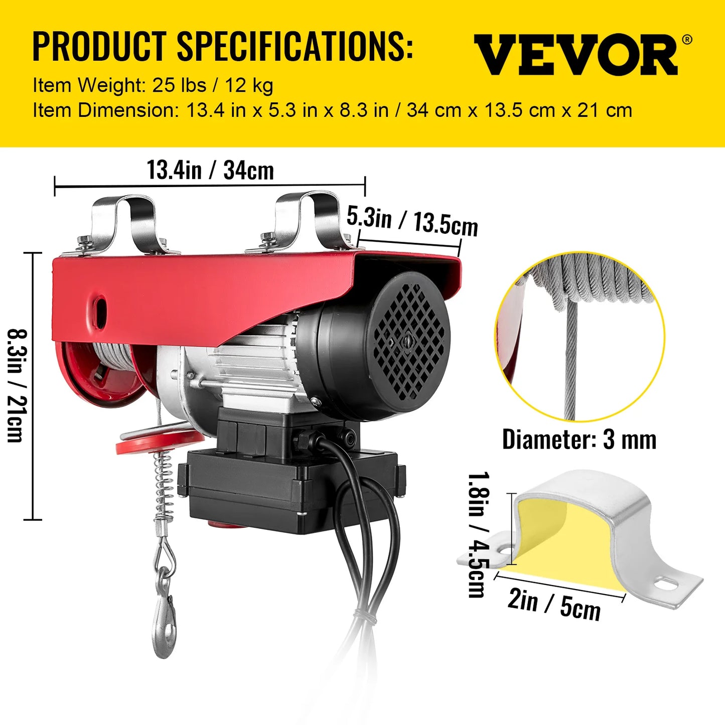 VEVOR 440/880/1320lbs Electric Hoist Winch with Wireless Remote Control Emergency Stop Switch Steel Wire Electric Cable Crane