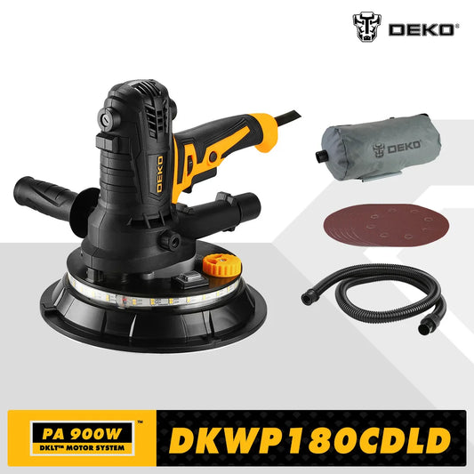 Lijadora de yeso portátil DEKO DKWP180CDLD/DKWP180CD de 900 W, con papel de lija, luz LED y bolsa antipolvo.