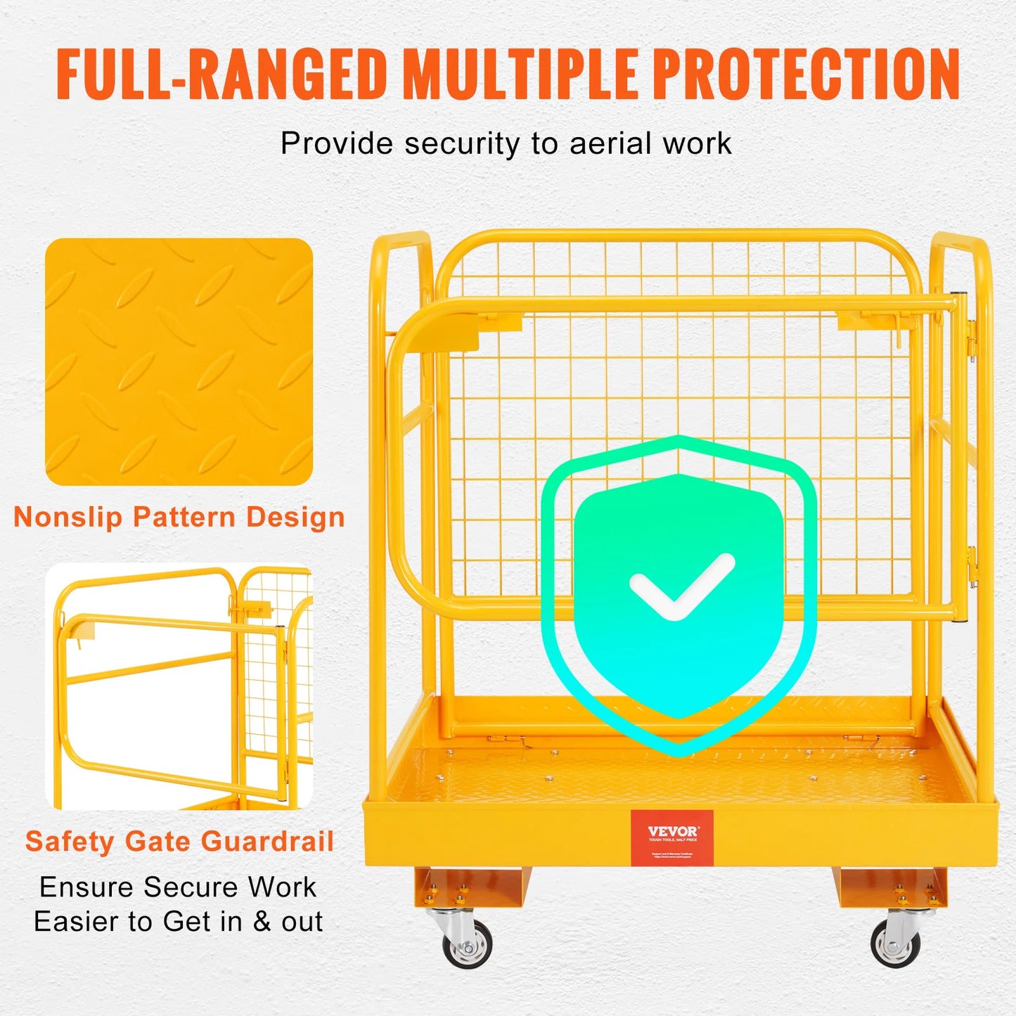 Plataforma de seguridad plegable VEVOR con jaula de seguridad para montacargas de 1200 lb con ruedas giratorias bloqueables para 1 o 2 adultos para trabajos aéreos