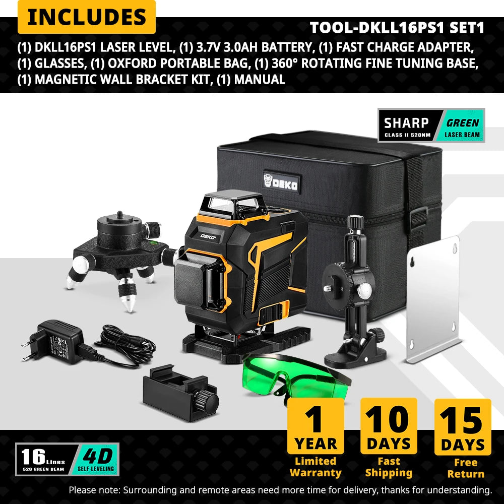 DEKO 16/12 Lines 4D Self-Leveling Laser Level 360 Horizontal and Vertical Cross Line Green Laser Beam with Tripod Power Tools