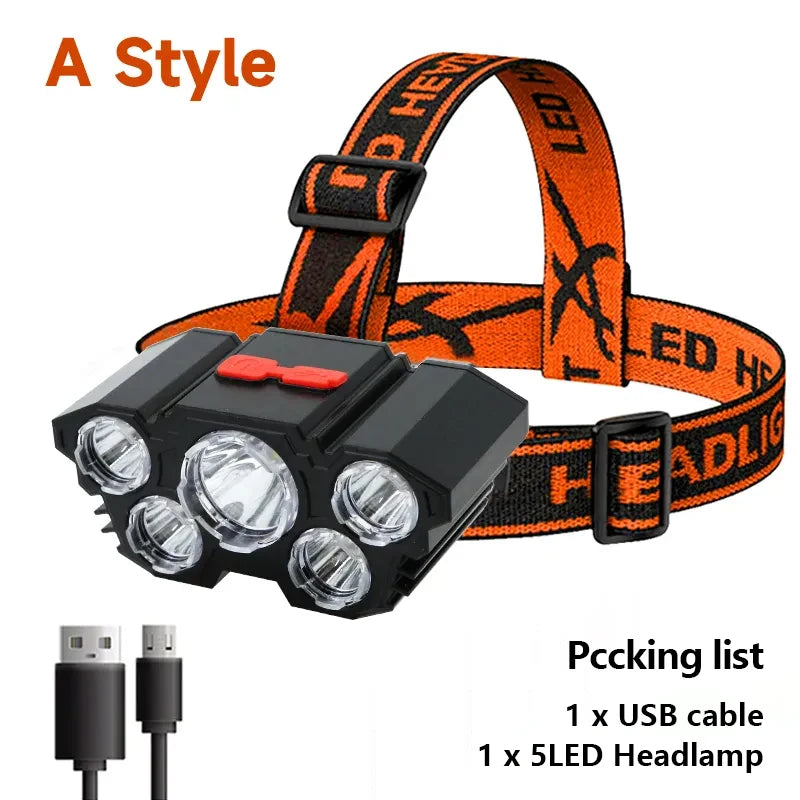 Linterna frontal de 5 LED recargable con batería incorporada, luz potente, para acampar, aventuras, pesca, linterna frontal