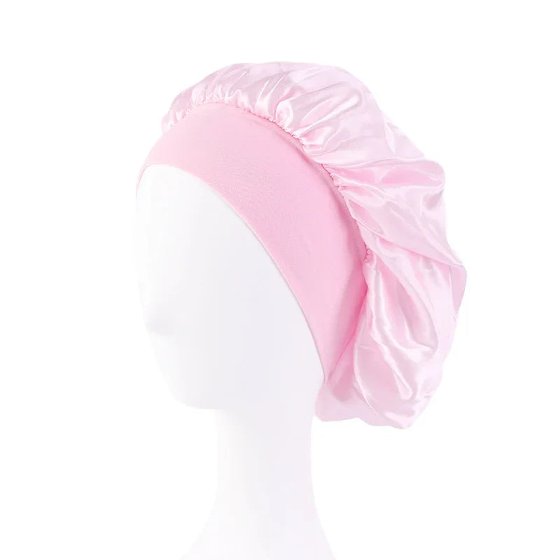 Nuevo gorro de dormir de ala ancha de satén liso para mujer, gorro unisex con banda elástica, gorro para el cuidado del cabello, gorro de noche