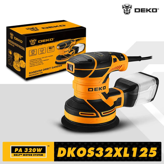 Lijadora orbital aleatoria DEKO DKOS32XL125 de 320 W y 14000 rpm para bricolaje doméstico, carpintero, pulidora con potente recolección de polvo.