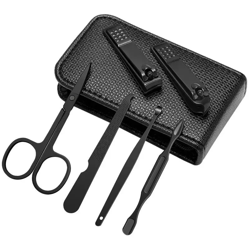 Nuevos juegos de manicura y pedicura portátiles de lujo de 6 piezas, juego de cortaúñas negro brillante, herramientas de cuidado personal, tijeras para cejas