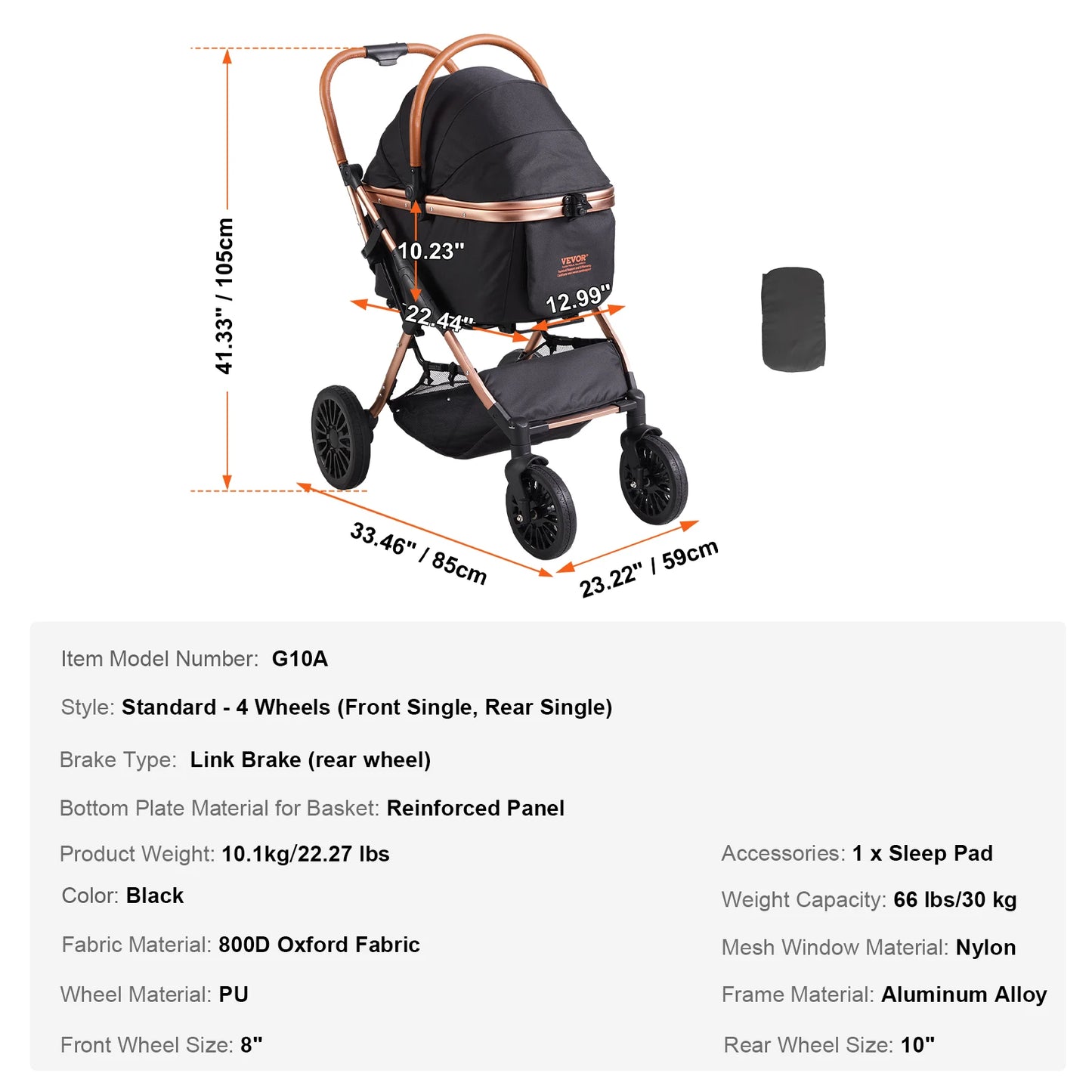 VEVOR 66 lbs Pet Stroller Foldable Dog Puppy Stroller with Brakes Storage Basket Detachable Carrier for Small to Medium Dogs